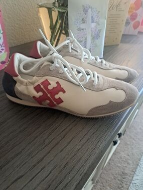 Tory Burch Cream Leather & Suede Sneakers with Red Logo